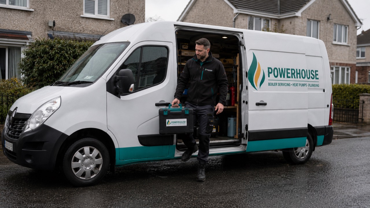 A Powerhouse engineer stepping out of our branded company van with a tool case, on an Irish residential street
