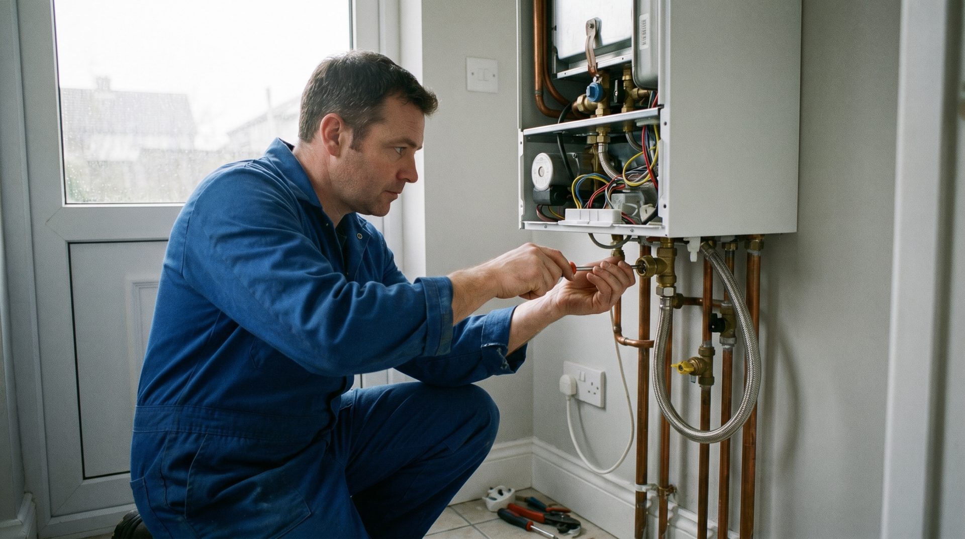 Powerhouse heating engineer servicing a combi boiler in an Irish home