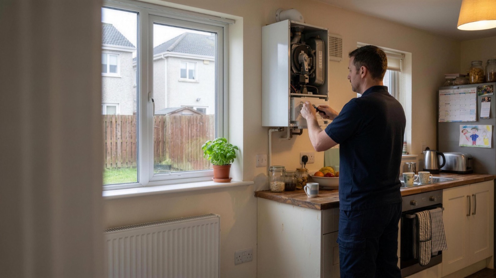 An engineer fitting a new wall-mounted boiler in a kitchen
