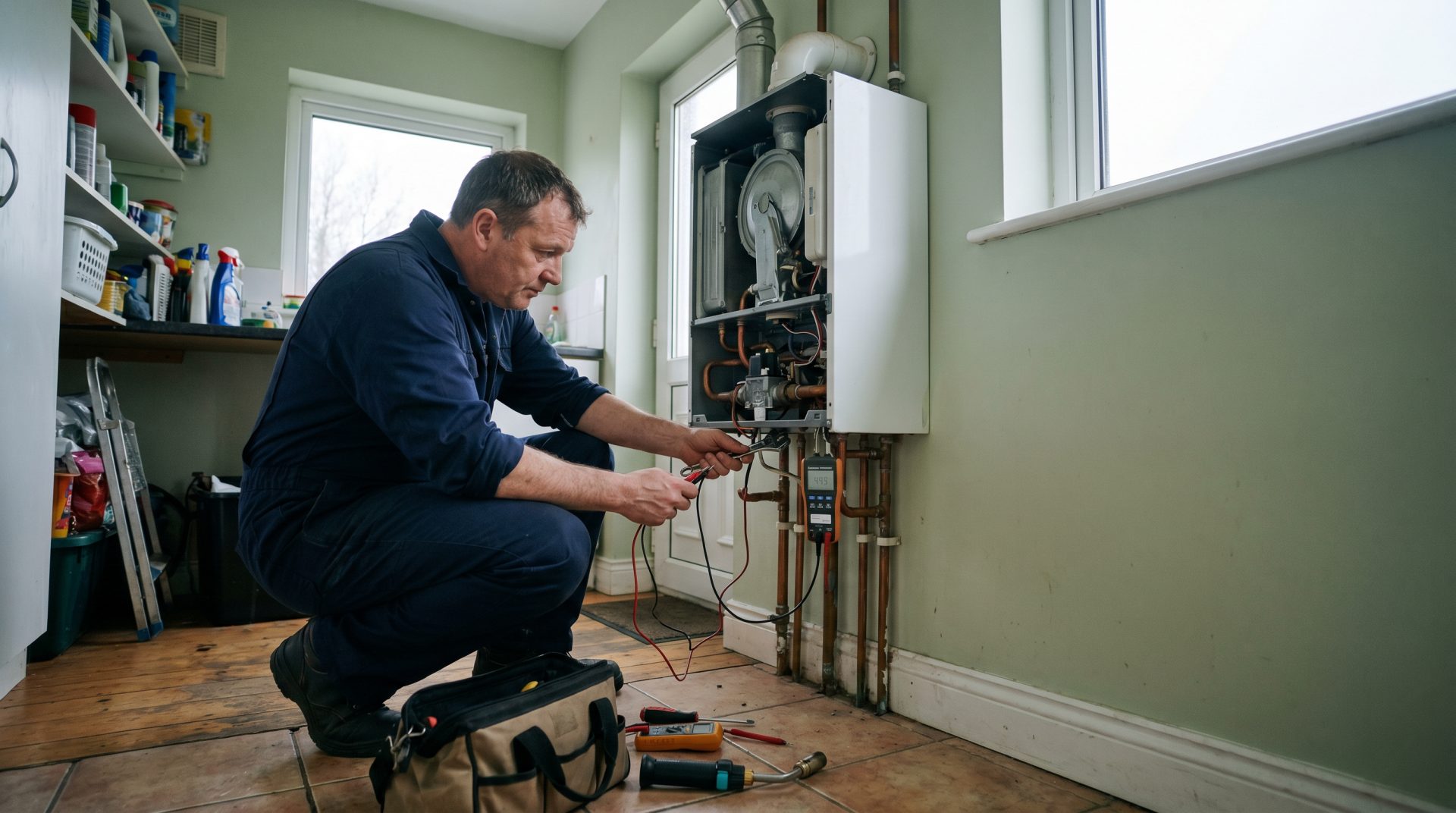 Powerhouse engineer repairing a gas boiler in an Irish home