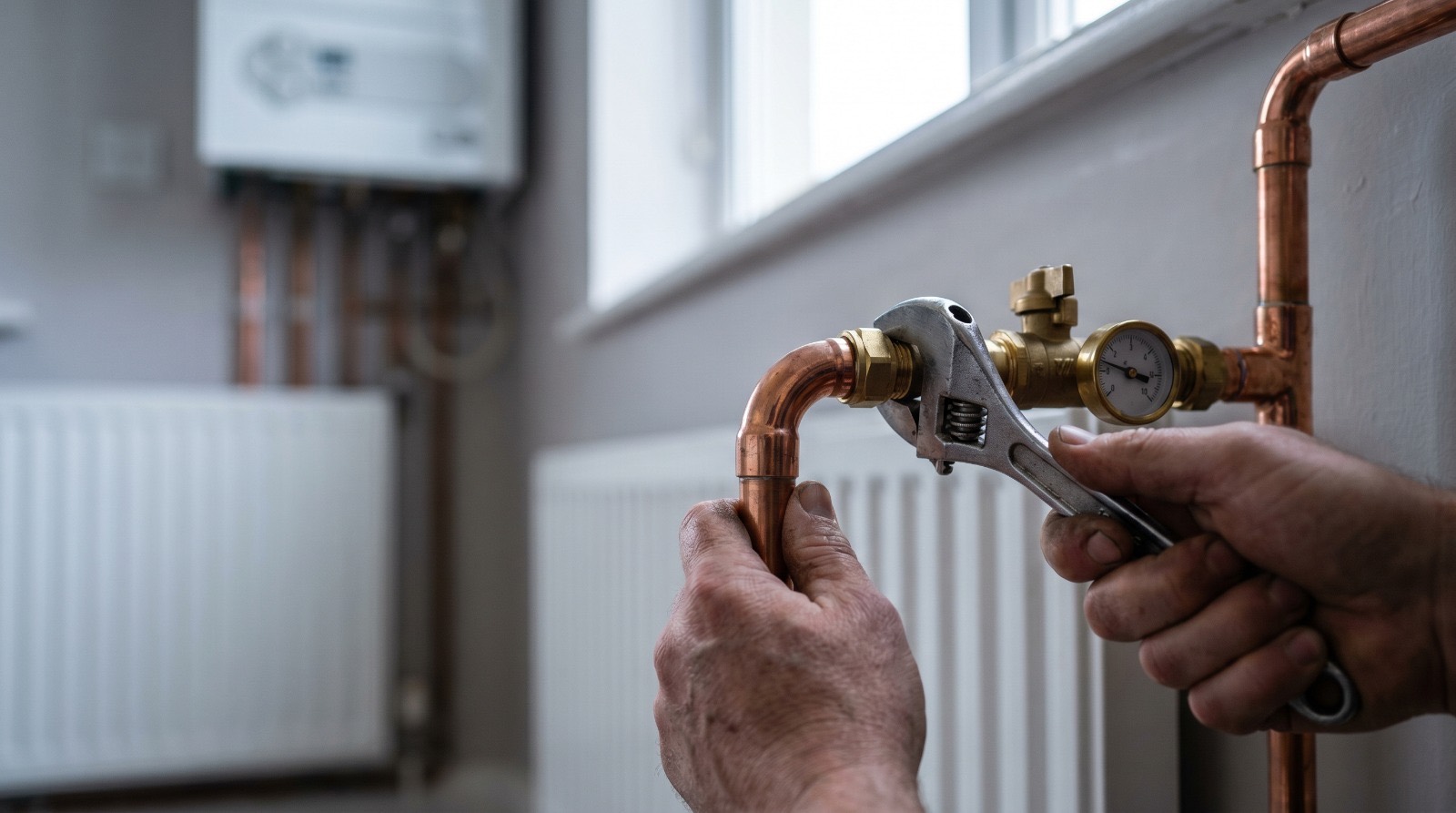 An engineer working on copper pipework beneath a wall-mounted boiler