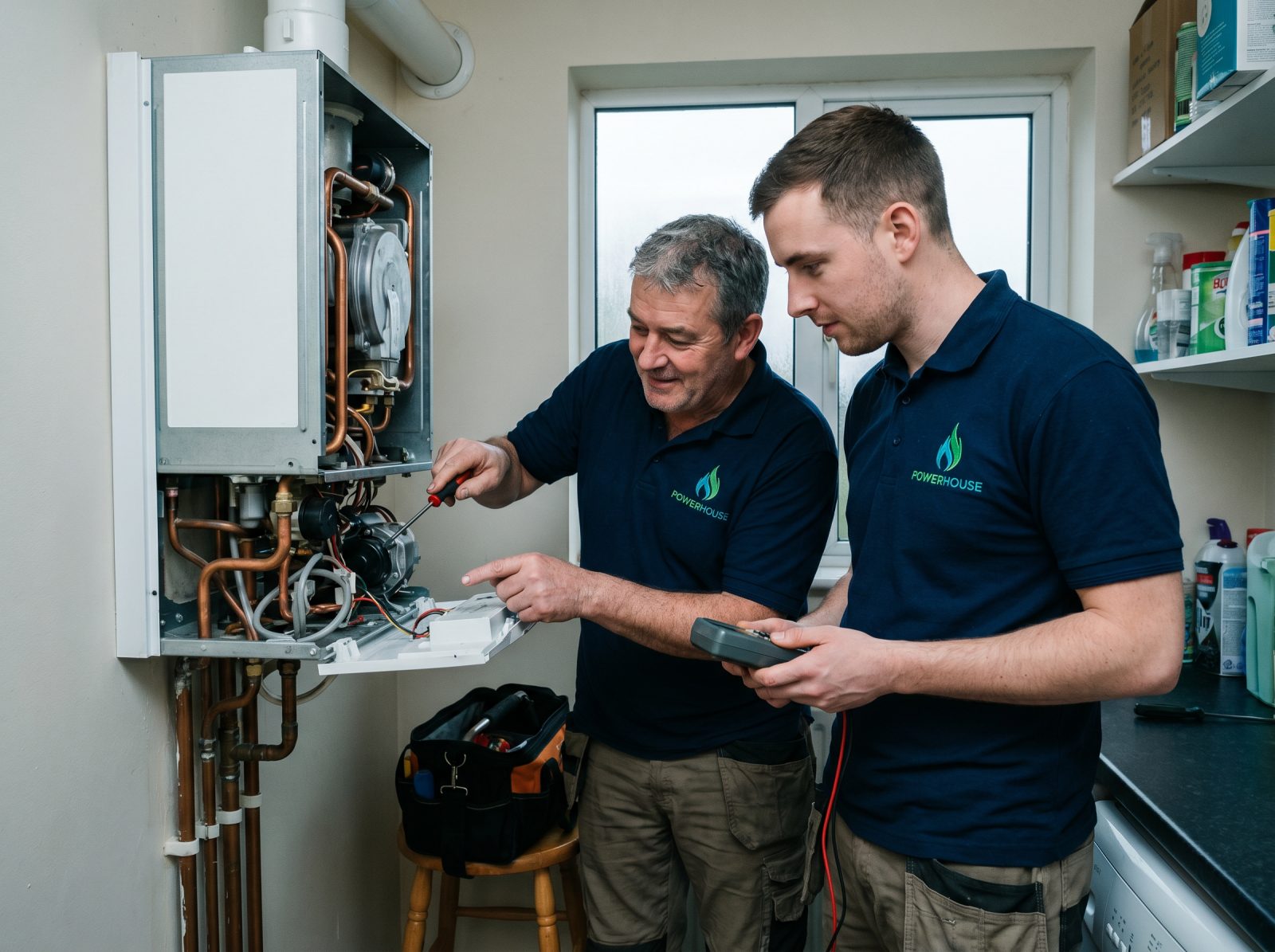Powerhouse engineers working together on a home heating system