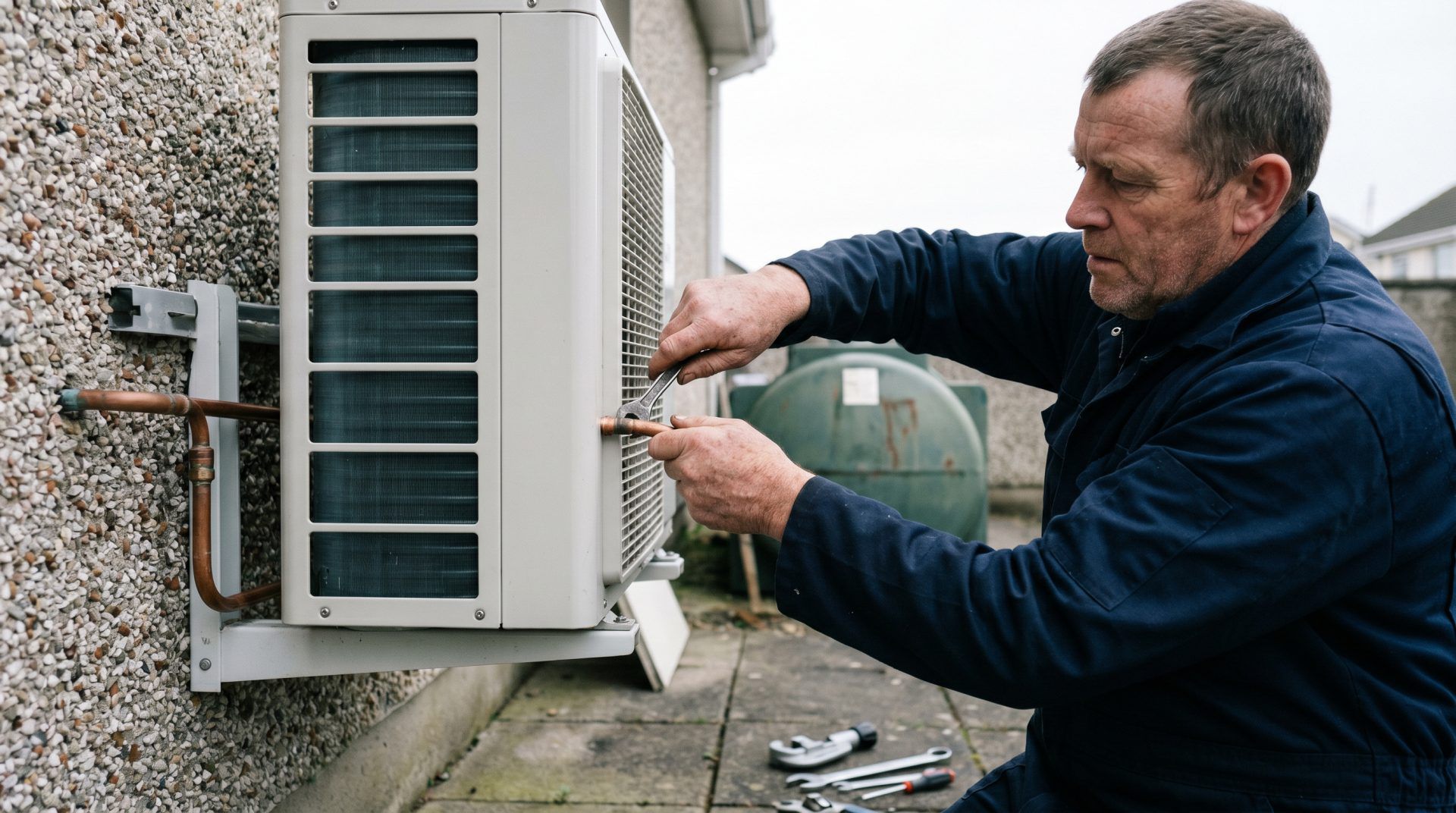 Powerhouse engineer installing a heat pump during an oil-to-heat-pump conversion at an Irish home
