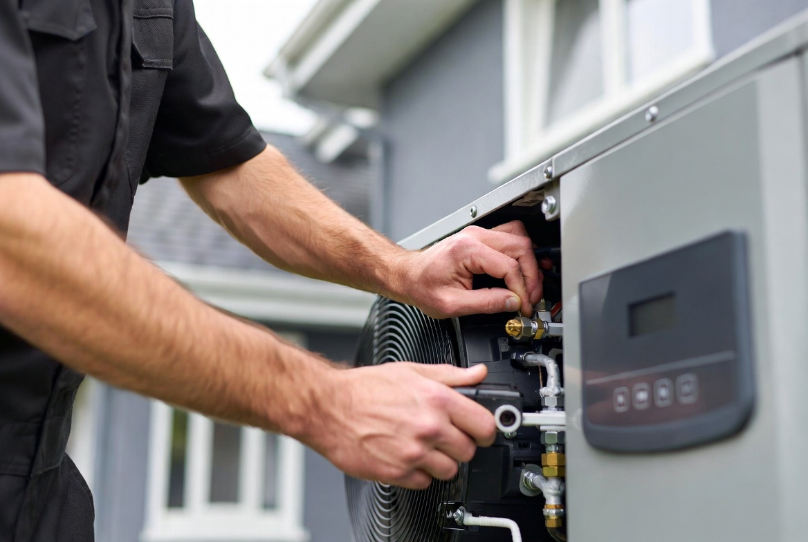 An engineer servicing the internal components of an outdoor heat pump