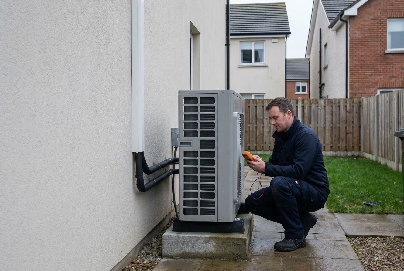 An engineer beside an outdoor heat pump unit installed in a garden