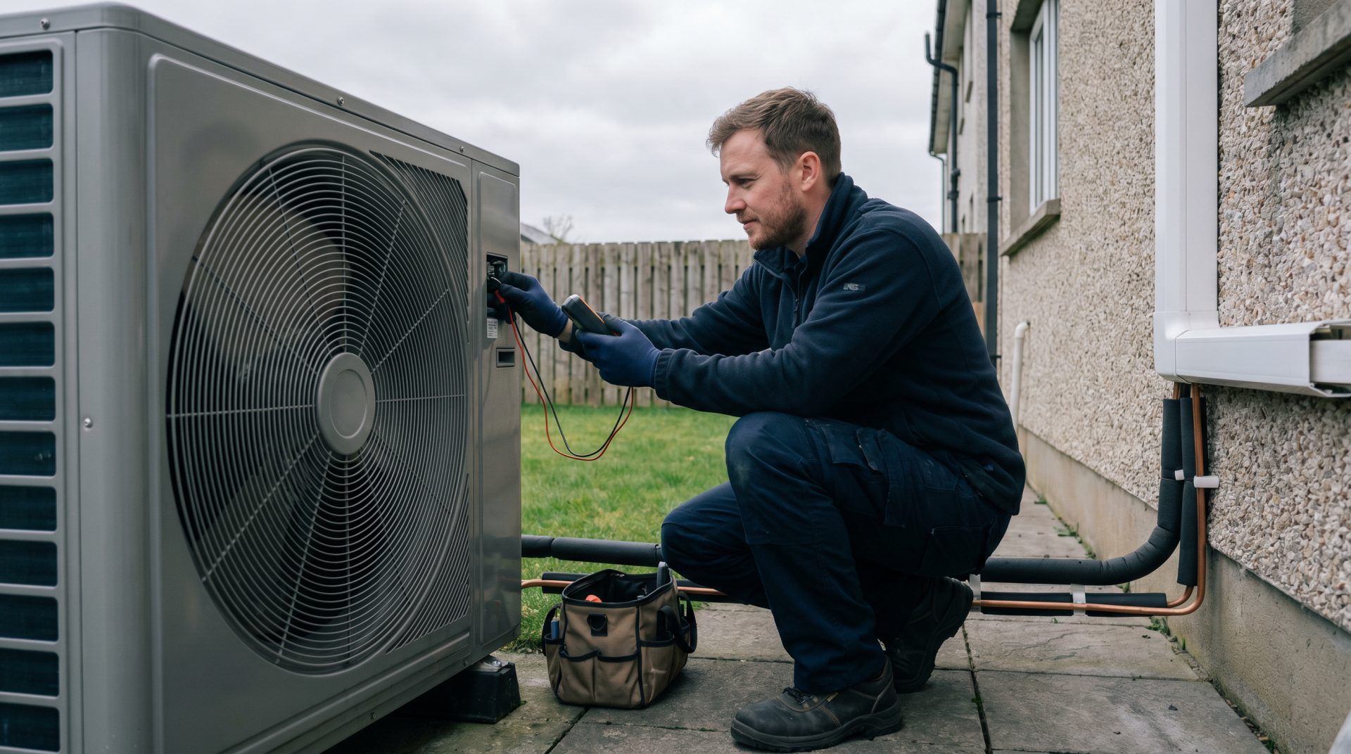 Powerhouse engineer servicing an air-source heat pump at an Irish home