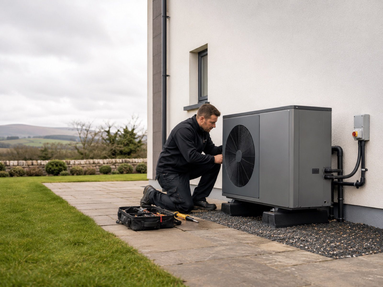 An engineer installing an outdoor air-to-water heat pump beside a house