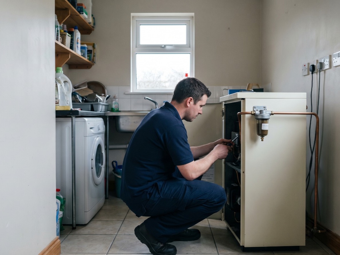 An engineer servicing a floor-standing oil boiler in a utility room