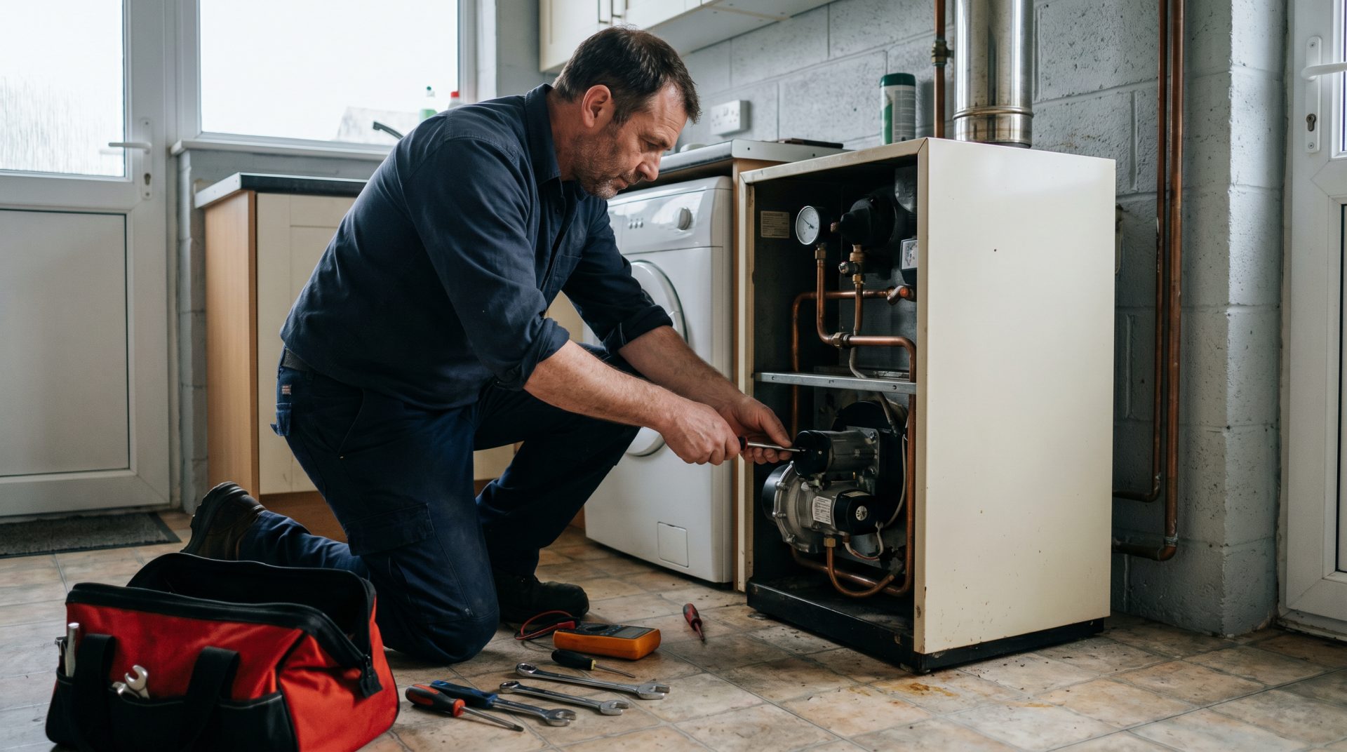 Powerhouse engineer servicing an oil-fired boiler at an Irish home