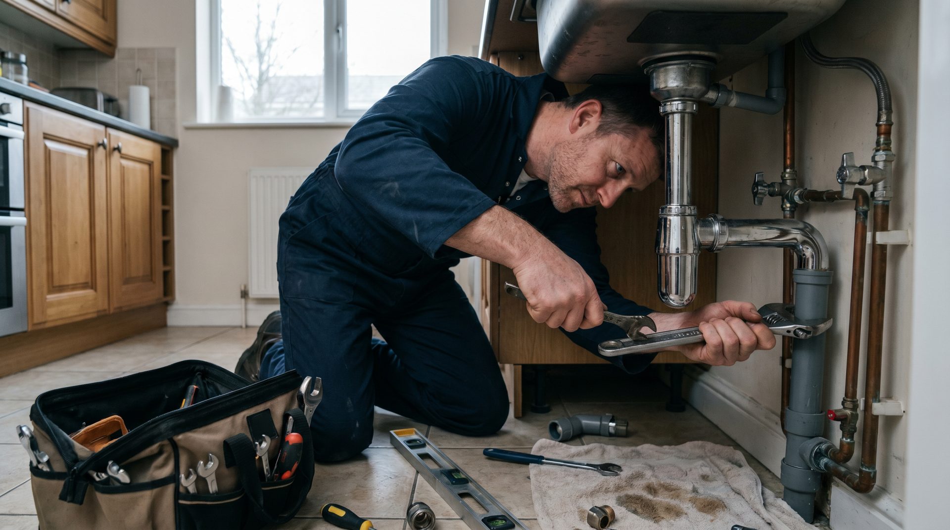 Powerhouse plumber fixing pipework under a kitchen sink in an Irish home
