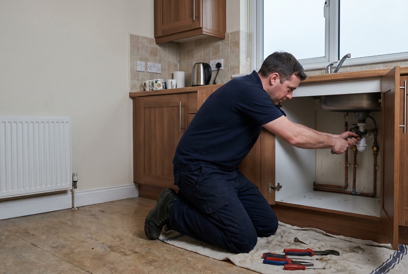 A plumber working on pipework under a kitchen sink